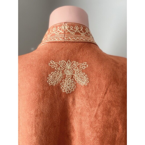 Soft Surroundings Faux Suede Orange Duster Coat Jacket Cardigan Embroidered Sz L - Picture 8 of 11
